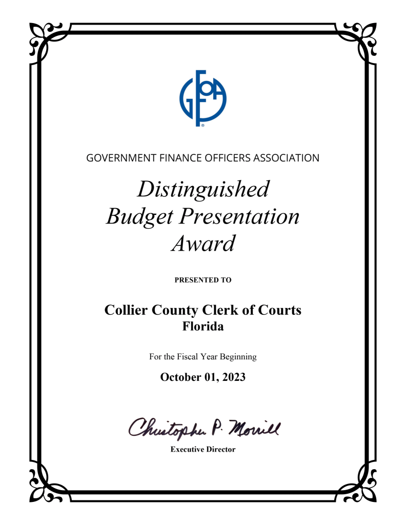Collier County Clerk’s Office Receives GFOA Distinguished Budget Award