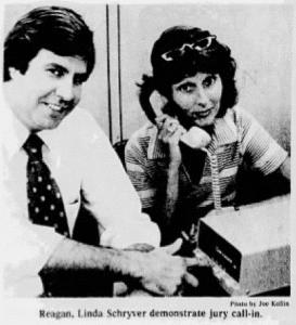 Clerk Reagan and Linda Schryver demonstrate jury call-in. Photo courtesy: Naples Daily News, pg 17 on Sun, June 10, 1979.